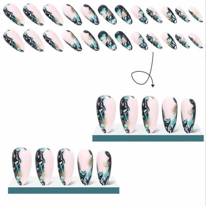 Almond Press Nails - Medium Fake Nails, Nude & Black, Glossy Stick On, Full Cover, 24 Pcs/Set