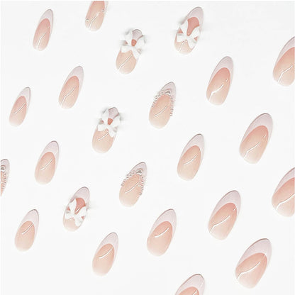 24Pcs Almond Press on Nails French Tips Short Fake Nails with Cute Bow Charms Design French Press on False Nails Nude Pink Acrylic Nails Almond Shaped Artificial Nails for Women Girls Manicure Tip