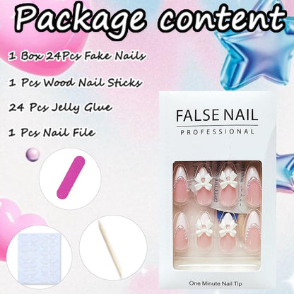 24Pcs Almond Press on Nails French Tips Short Fake Nails with Cute Bow Charms Design French Press on False Nails Nude Pink Acrylic Nails Almond Shaped Artificial Nails for Women Girls Manicure Tip